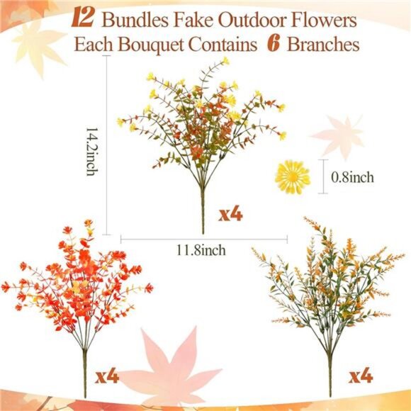 Fall Artificial Flowers for Outdoors 12 Bundles Faux Mums Outdoor - Picture 2 of 7